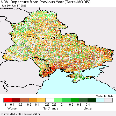 Ukraine, Moldova and Belarus NDVI Departure from Previous Year (Terra-MODIS) Thematic Map For 6/10/2022 - 6/17/2022
