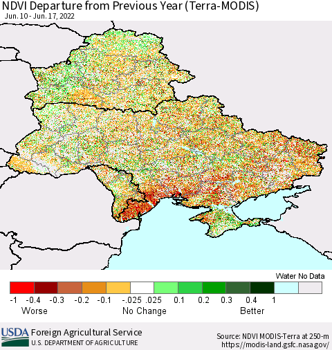 Ukraine, Moldova and Belarus NDVI Departure from Previous Year (Terra-MODIS) Thematic Map For 6/11/2022 - 6/20/2022