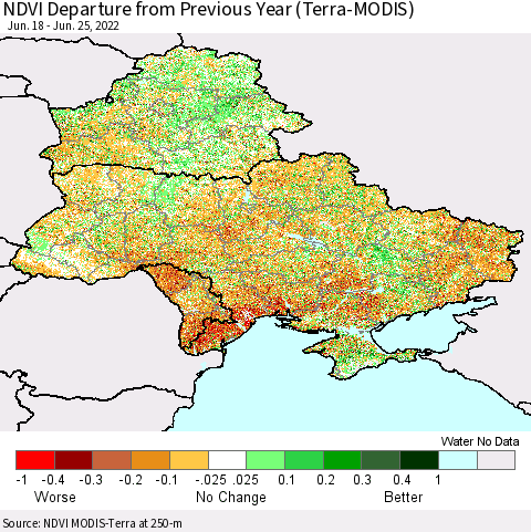 Ukraine, Moldova and Belarus NDVI Departure from Previous Year (Terra-MODIS) Thematic Map For 6/18/2022 - 6/25/2022
