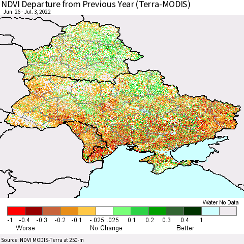 Ukraine, Moldova and Belarus NDVI Departure from Previous Year (Terra-MODIS) Thematic Map For 6/26/2022 - 7/3/2022