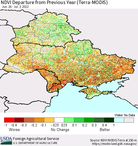 Ukraine, Moldova and Belarus NDVI Departure from Previous Year (Terra-MODIS) Thematic Map For 7/1/2022 - 7/10/2022