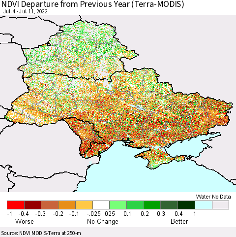 Ukraine, Moldova and Belarus NDVI Departure from Previous Year (Terra-MODIS) Thematic Map For 7/4/2022 - 7/11/2022