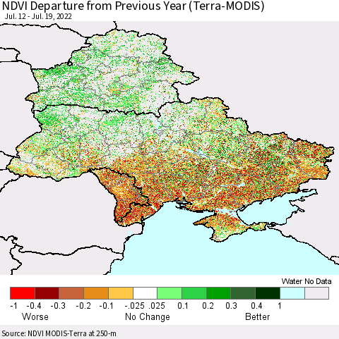 Ukraine, Moldova and Belarus NDVI Departure from Previous Year (Terra-MODIS) Thematic Map For 7/12/2022 - 7/19/2022