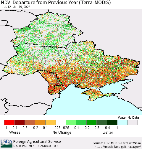 Ukraine, Moldova and Belarus NDVI Departure from Previous Year (Terra-MODIS) Thematic Map For 7/11/2022 - 7/20/2022
