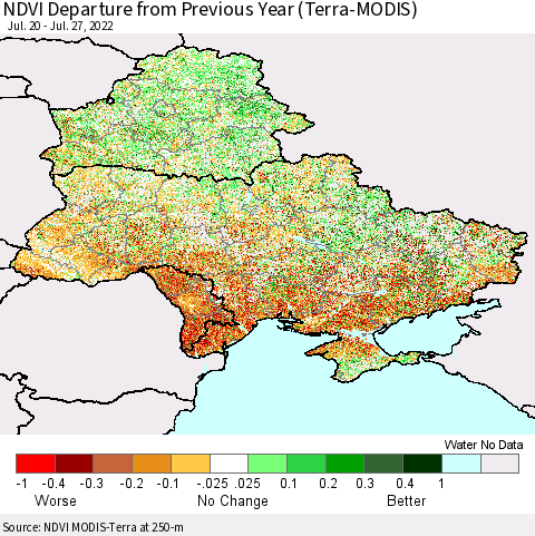 Ukraine, Moldova and Belarus NDVI Departure from Previous Year (Terra-MODIS) Thematic Map For 7/20/2022 - 7/27/2022