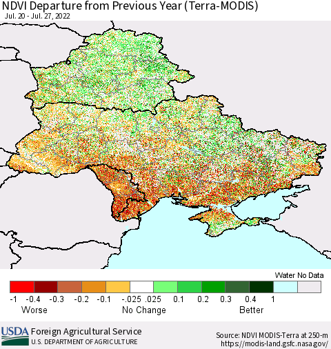 Ukraine, Moldova and Belarus NDVI Departure from Previous Year (Terra-MODIS) Thematic Map For 7/21/2022 - 7/31/2022