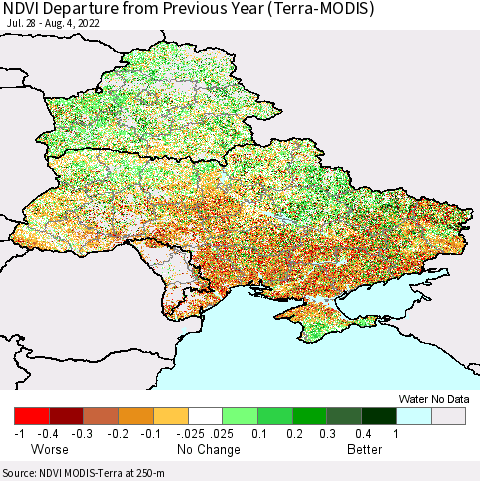 Ukraine, Moldova and Belarus NDVI Departure from Previous Year (Terra-MODIS) Thematic Map For 7/28/2022 - 8/4/2022