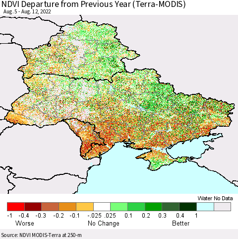 Ukraine, Moldova and Belarus NDVI Departure from Previous Year (Terra-MODIS) Thematic Map For 8/5/2022 - 8/12/2022