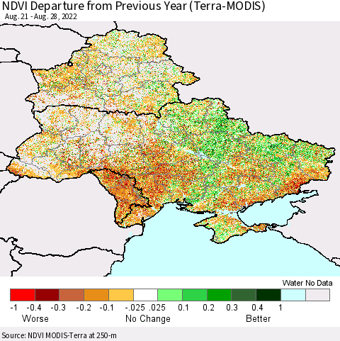 Ukraine, Moldova and Belarus NDVI Departure from Previous Year (Terra-MODIS) Thematic Map For 8/21/2022 - 8/28/2022