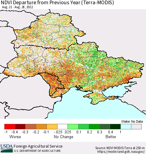Ukraine, Moldova and Belarus NDVI Departure from Previous Year (Terra-MODIS) Thematic Map For 8/21/2022 - 8/31/2022