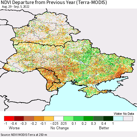 Ukraine, Moldova and Belarus NDVI Departure from Previous Year (Terra-MODIS) Thematic Map For 8/29/2022 - 9/5/2022