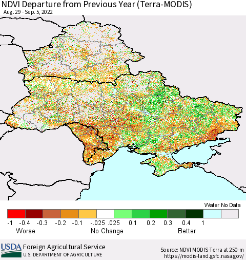 Ukraine, Moldova and Belarus NDVI Departure from Previous Year (Terra-MODIS) Thematic Map For 9/1/2022 - 9/10/2022