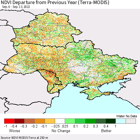 Ukraine, Moldova and Belarus NDVI Departure from Previous Year (Terra-MODIS) Thematic Map For 9/6/2022 - 9/13/2022