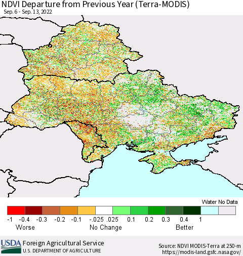 Ukraine, Moldova and Belarus NDVI Departure from Previous Year (Terra-MODIS) Thematic Map For 9/11/2022 - 9/20/2022