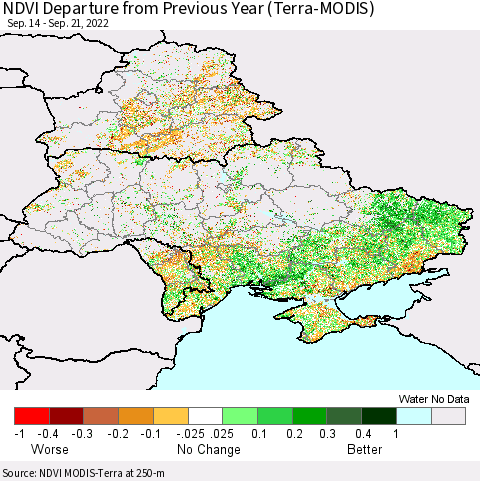 Ukraine, Moldova and Belarus NDVI Departure from Previous Year (Terra-MODIS) Thematic Map For 9/14/2022 - 9/21/2022