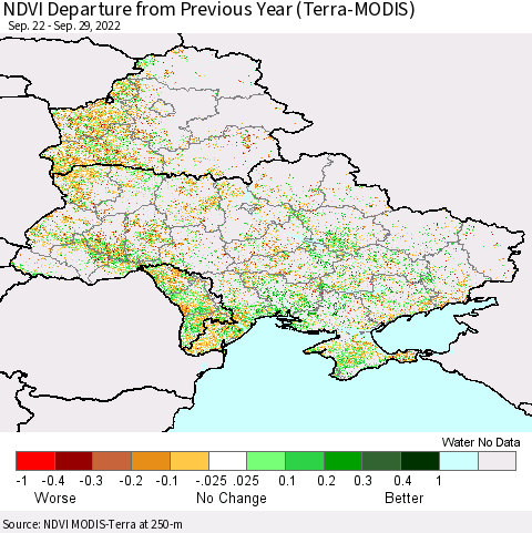 Ukraine, Moldova and Belarus NDVI Departure from Previous Year (Terra-MODIS) Thematic Map For 9/22/2022 - 9/29/2022