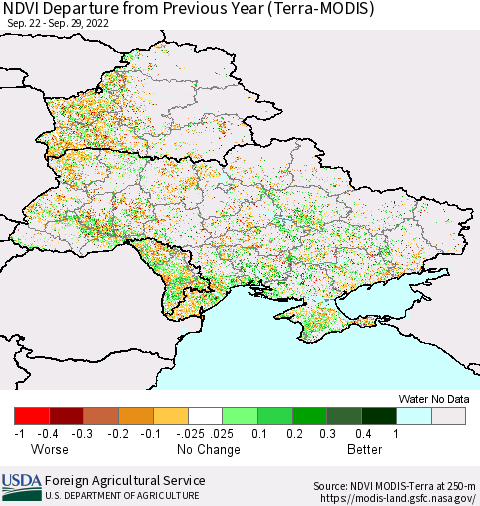 Ukraine, Moldova and Belarus NDVI Departure from Previous Year (Terra-MODIS) Thematic Map For 9/21/2022 - 9/30/2022