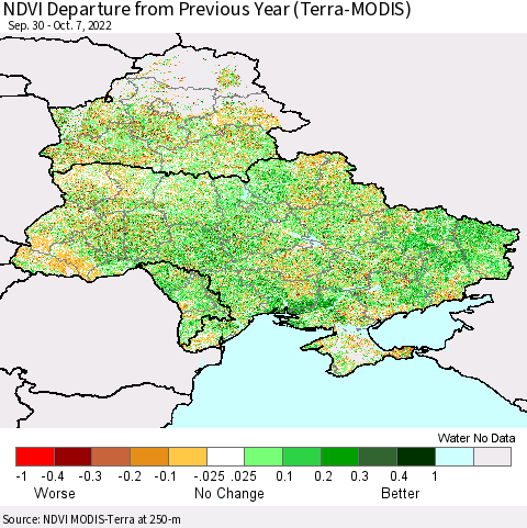 Ukraine, Moldova and Belarus NDVI Departure from Previous Year (Terra-MODIS) Thematic Map For 9/30/2022 - 10/7/2022