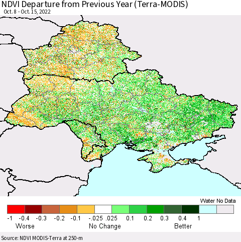 Ukraine, Moldova and Belarus NDVI Departure from Previous Year (Terra-MODIS) Thematic Map For 10/8/2022 - 10/15/2022