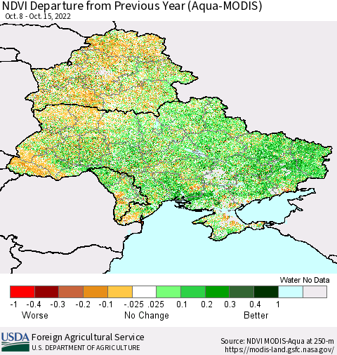 Ukraine, Moldova and Belarus NDVI Departure from Previous Year (Terra-MODIS) Thematic Map For 10/11/2022 - 10/20/2022