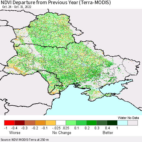 Ukraine, Moldova and Belarus NDVI Departure from Previous Year (Terra-MODIS) Thematic Map For 10/24/2022 - 10/31/2022