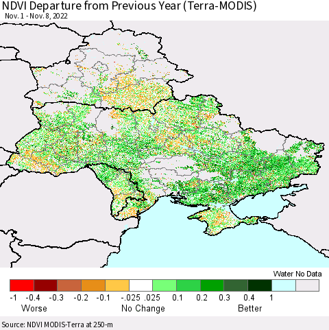 Ukraine, Moldova and Belarus NDVI Departure from Previous Year (Terra-MODIS) Thematic Map For 11/1/2022 - 11/8/2022