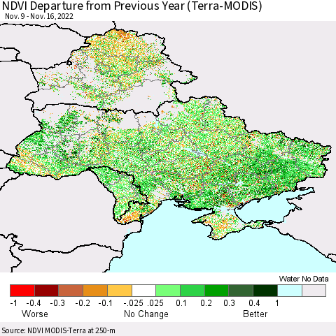 Ukraine, Moldova and Belarus NDVI Departure from Previous Year (Terra-MODIS) Thematic Map For 11/9/2022 - 11/16/2022