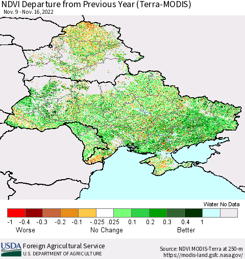 Ukraine, Moldova and Belarus NDVI Departure from Previous Year (Terra-MODIS) Thematic Map For 11/11/2022 - 11/20/2022