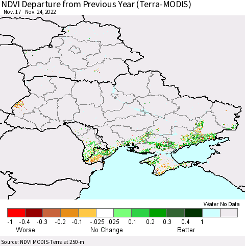 Ukraine, Moldova and Belarus NDVI Departure from Previous Year (Terra-MODIS) Thematic Map For 11/17/2022 - 11/24/2022