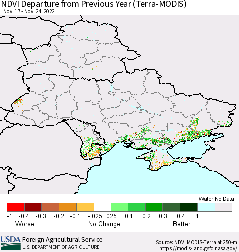 Ukraine, Moldova and Belarus NDVI Departure from Previous Year (Terra-MODIS) Thematic Map For 11/21/2022 - 11/30/2022