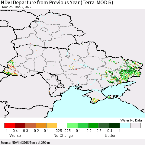 Ukraine, Moldova and Belarus NDVI Departure from Previous Year (Terra-MODIS) Thematic Map For 11/25/2022 - 12/2/2022