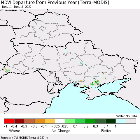 Ukraine, Moldova and Belarus NDVI Departure from Previous Year (Terra-MODIS) Thematic Map For 12/11/2022 - 12/18/2022