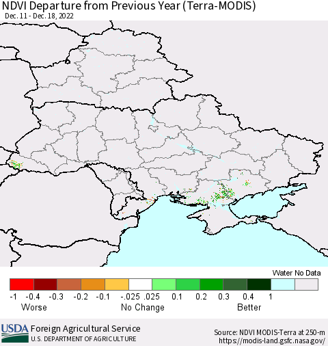 Ukraine, Moldova and Belarus NDVI Departure from Previous Year (Terra-MODIS) Thematic Map For 12/11/2022 - 12/20/2022