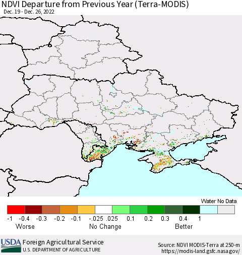 Ukraine, Moldova and Belarus NDVI Departure from Previous Year (Terra-MODIS) Thematic Map For 12/21/2022 - 12/31/2022