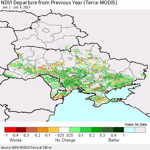 Ukraine, Moldova and Belarus NDVI Departure from Previous Year (Terra-MODIS) Thematic Map For 1/1/2023 - 1/8/2023
