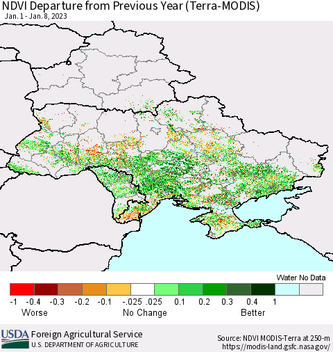 Ukraine, Moldova and Belarus NDVI Departure from Previous Year (Terra-MODIS) Thematic Map For 1/1/2023 - 1/10/2023