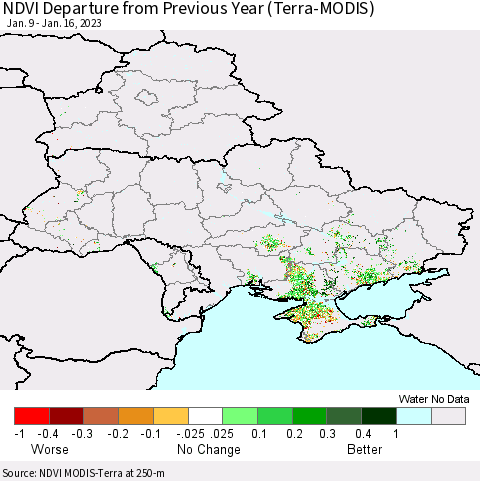 Ukraine, Moldova and Belarus NDVI Departure from Previous Year (Terra-MODIS) Thematic Map For 1/9/2023 - 1/16/2023