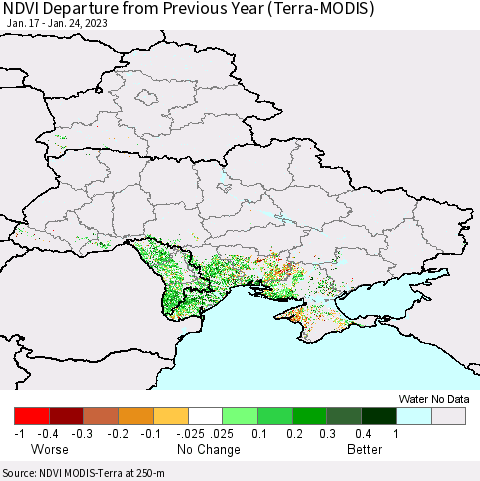 Ukraine, Moldova and Belarus NDVI Departure from Previous Year (Terra-MODIS) Thematic Map For 1/17/2023 - 1/24/2023