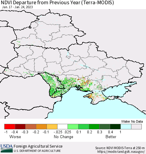 Ukraine, Moldova and Belarus NDVI Departure from Previous Year (Terra-MODIS) Thematic Map For 1/21/2023 - 1/31/2023