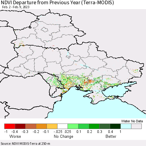 Ukraine, Moldova and Belarus NDVI Departure from Previous Year (Terra-MODIS) Thematic Map For 2/2/2023 - 2/9/2023