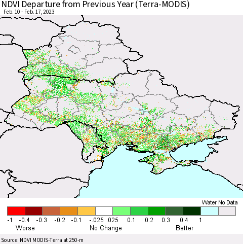 Ukraine, Moldova and Belarus NDVI Departure from Previous Year (Terra-MODIS) Thematic Map For 2/10/2023 - 2/17/2023