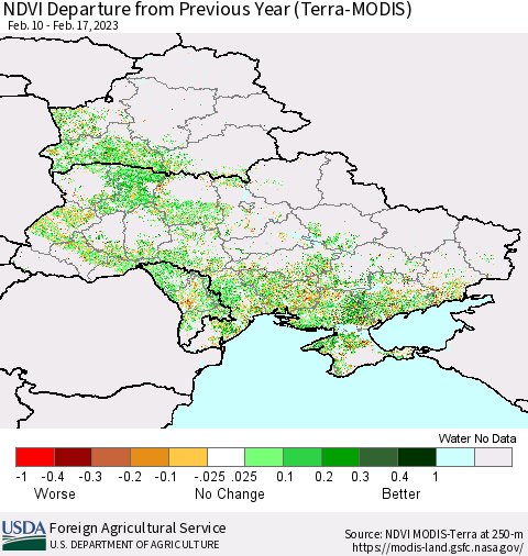 Ukraine, Moldova and Belarus NDVI Departure from Previous Year (Terra-MODIS) Thematic Map For 2/11/2023 - 2/20/2023