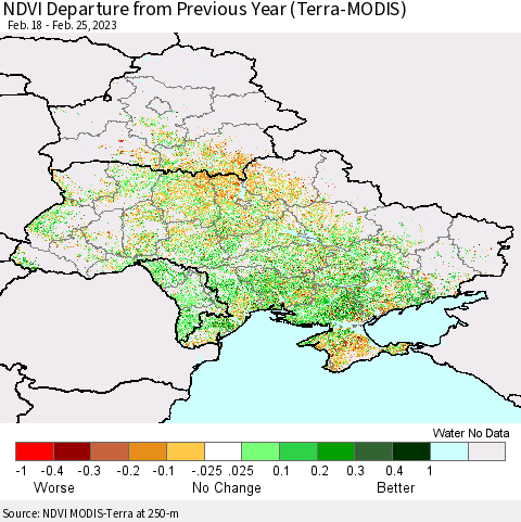 Ukraine, Moldova and Belarus NDVI Departure from Previous Year (Terra-MODIS) Thematic Map For 2/18/2023 - 2/25/2023