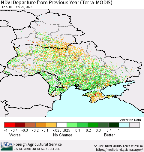 Ukraine, Moldova and Belarus NDVI Departure from Previous Year (Terra-MODIS) Thematic Map For 2/21/2023 - 2/28/2023