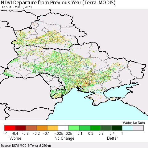 Ukraine, Moldova and Belarus NDVI Departure from Previous Year (Terra-MODIS) Thematic Map For 2/26/2023 - 3/5/2023