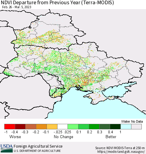 Ukraine, Moldova and Belarus NDVI Departure from Previous Year (Terra-MODIS) Thematic Map For 3/1/2023 - 3/10/2023