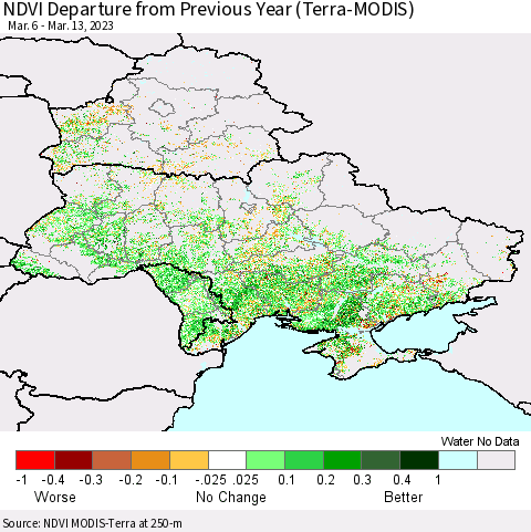 Ukraine, Moldova and Belarus NDVI Departure from Previous Year (Terra-MODIS) Thematic Map For 3/6/2023 - 3/13/2023