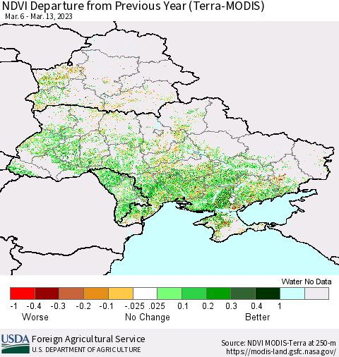 Ukraine, Moldova and Belarus NDVI Departure from Previous Year (Terra-MODIS) Thematic Map For 3/11/2023 - 3/20/2023