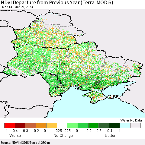 Ukraine, Moldova and Belarus NDVI Departure from Previous Year (Terra-MODIS) Thematic Map For 3/14/2023 - 3/21/2023