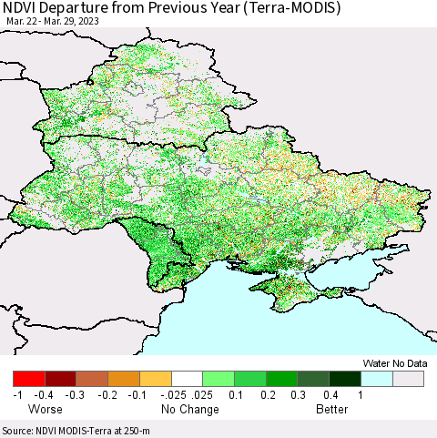 Ukraine, Moldova and Belarus NDVI Departure from Previous Year (Terra-MODIS) Thematic Map For 3/22/2023 - 3/29/2023